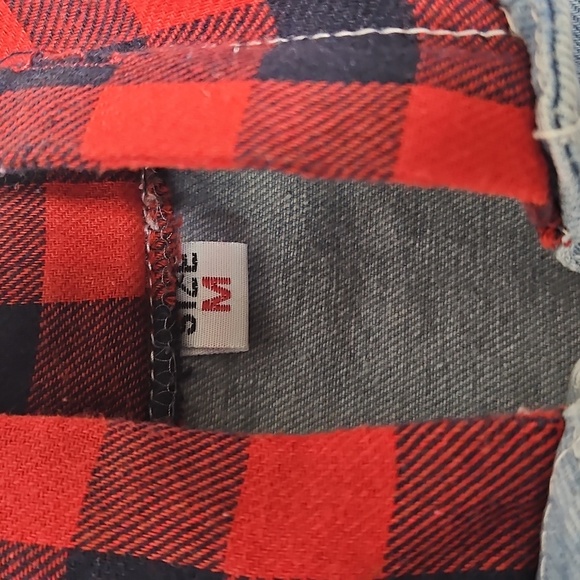 “Denim Jacket Hoodie Plaid Flannel Distressed – Size M” - Picture 3 of 6